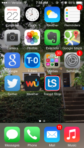 My iPhone home screen. (Those 30 notifications are from apps with updates for iOS 8. I'm not crazy, just busy.)